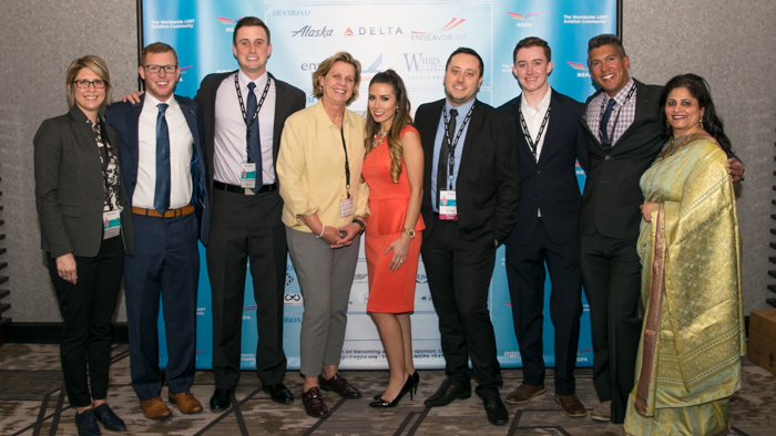 Envoy Pilot Recruiters with some of our American Airlines family members. From left to right, former Envoy pilot and current American FO Kiersten Orrick, American recruiter Cameron Rowe, Envoy FO Harrison Scott, American pilot Carrie Muehlbauer, American recruiter Heather Bowers, Envoy Director of Pilot Recruitment Andy LaSusa, Envoy FO Swayne Martin, Envoy CA Ricardo Mata, and American Inclusion & Diversity Senior Specialist Anila Jivanji.