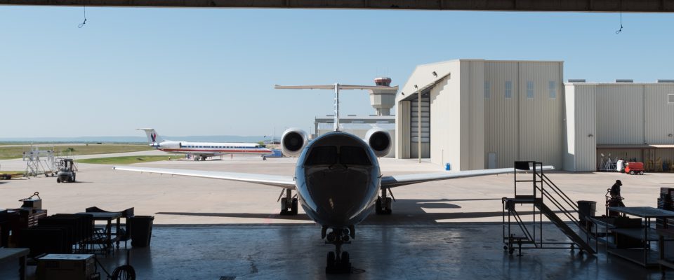 E145 inside the Abilene maintenance hangar