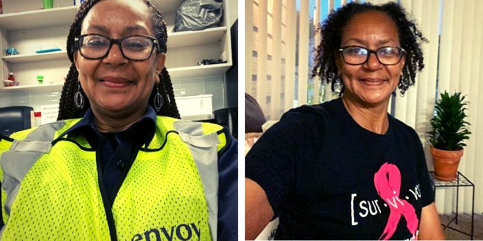 Envoy Fleet Service Clerk Bernice Short in her Envoy uniform (left) and a survivor shirt (right).