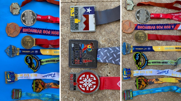 A collection of some of the medals Mitzy has earned in her races. (Photo courtesy of Mitzy Flaig).